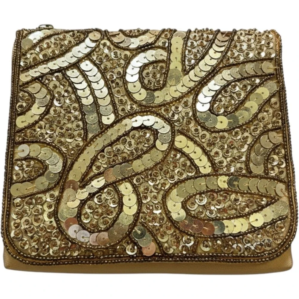 Gold Sequin Beaded Evening Bag Box Clutch‎ Crossbody Satin Swirl Pattern